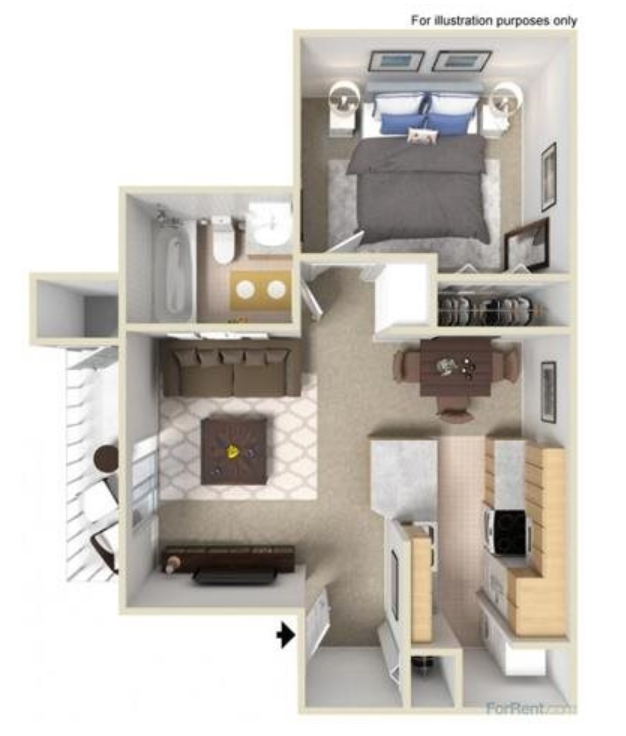 Floor plan for 1 bed, 1 bath, 626 sqft